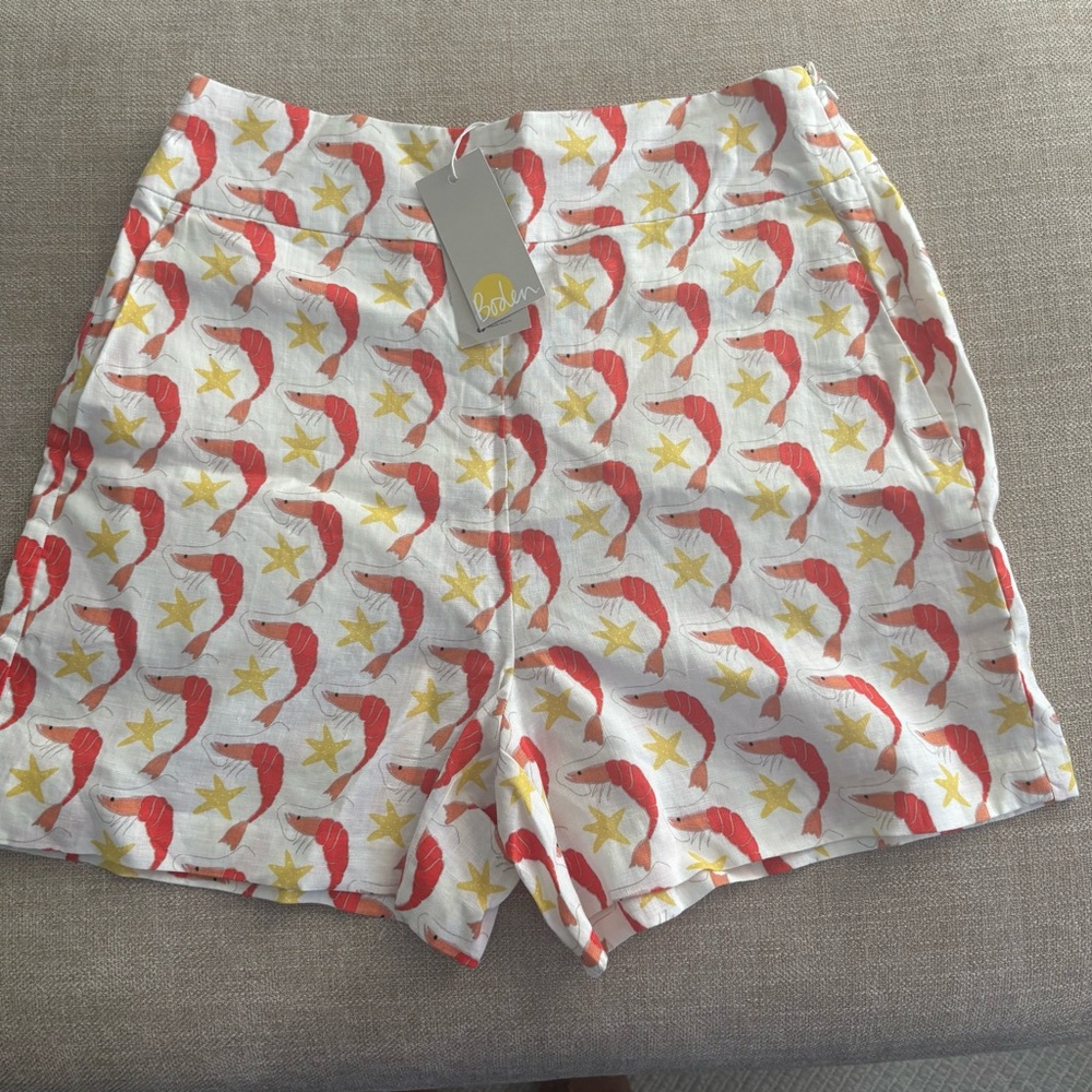Boden Shorts linen NWT Coral Shrimp & Yellow Starfish Print US 6 perfect summer